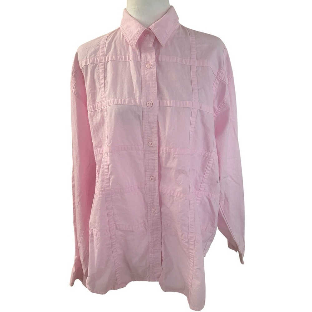Vintage-Style Pink 100% Cotton Long Sleeve Button-Down Shirt – Women's Size XL